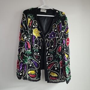 Colorful Sequin Blazer Whimsigoth Beaded 80s Vintage Paisley Floral Mesh Party